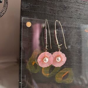 Pink Floral Earrings with Pearl Accent